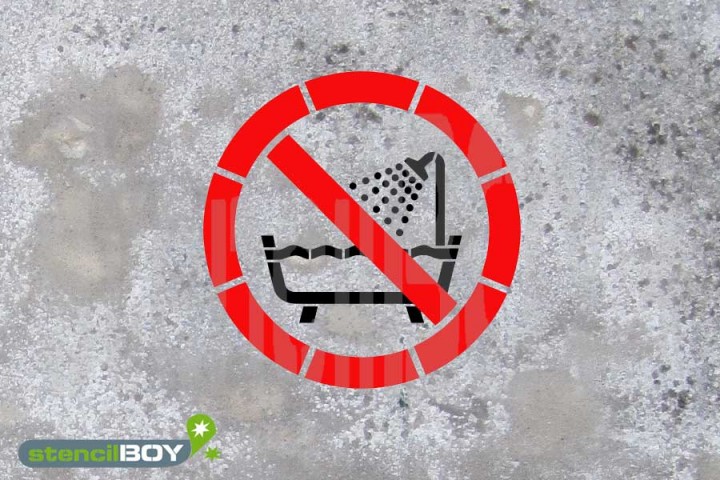Schablone "Verbot dieses Gerät in der Badewanne, Dusche oder über mit Wasser gefülltem Becken zu ben