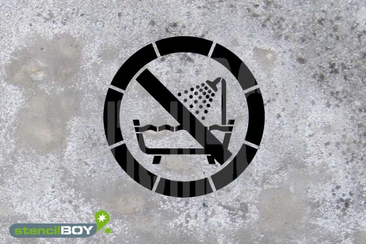 Schablone "Verbot dieses Gerät in der Badewanne, Dusche oder über mit Wasser gefülltem Becken zu ben